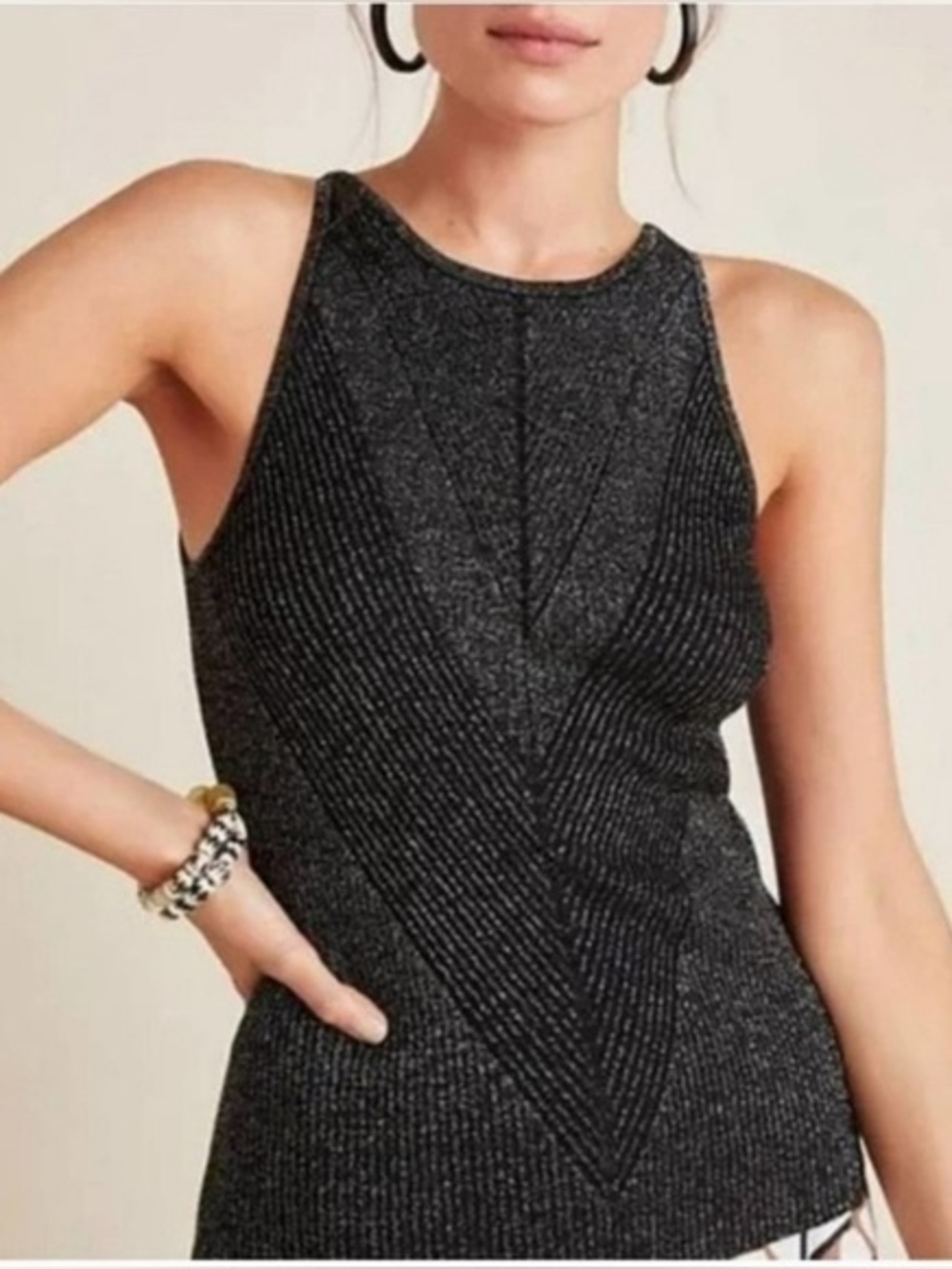 Anthropologie Gemma Sparkle Ribbed Tank Black Size L